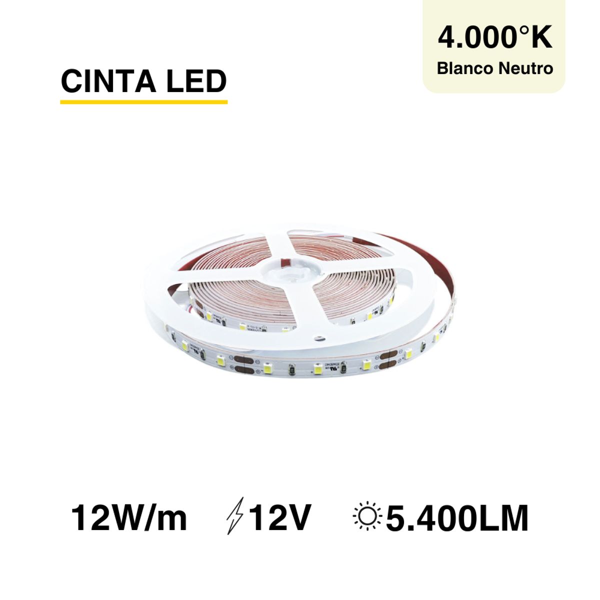 DEMASLED - Cinta Led Tira Luz Neutra Smd2835 12v 12w/m 60 Led/m 5m Ip33