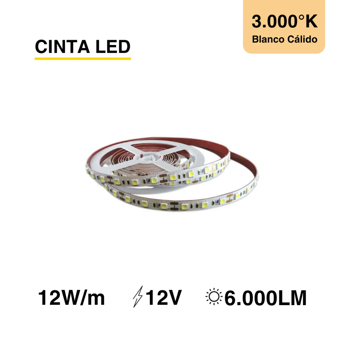 DEMASLED - Cinta Led Tira Smd5050 Luz Cálida 12v 60 Leds/m 12w/m 5m Ip33