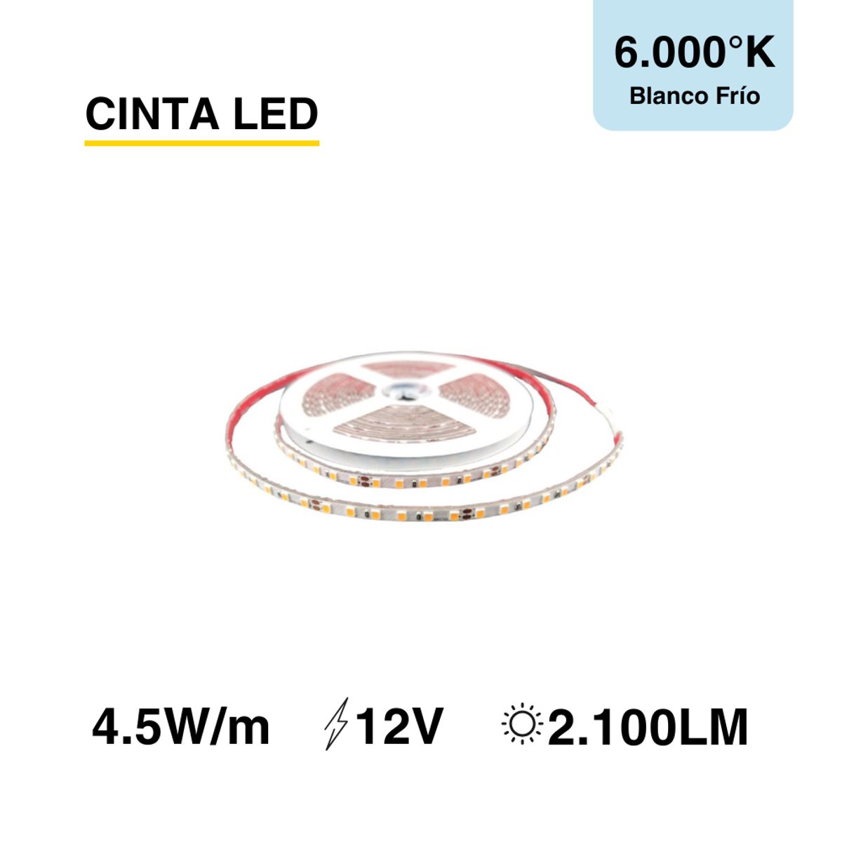 DEMASLED - Cinta Led Tira Luz Fría Smd 3528 12v 5m 60 Leds/m 4.5 W/m Ip33