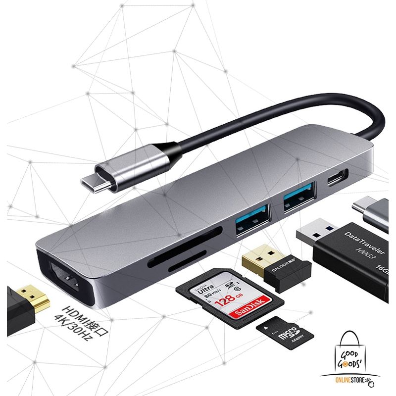 GG GOODGOODS - Hub Adaptador Usb-c 6 En 1 (hdmi,2x Usb 3.0, Tf, Sd, Usb-c)