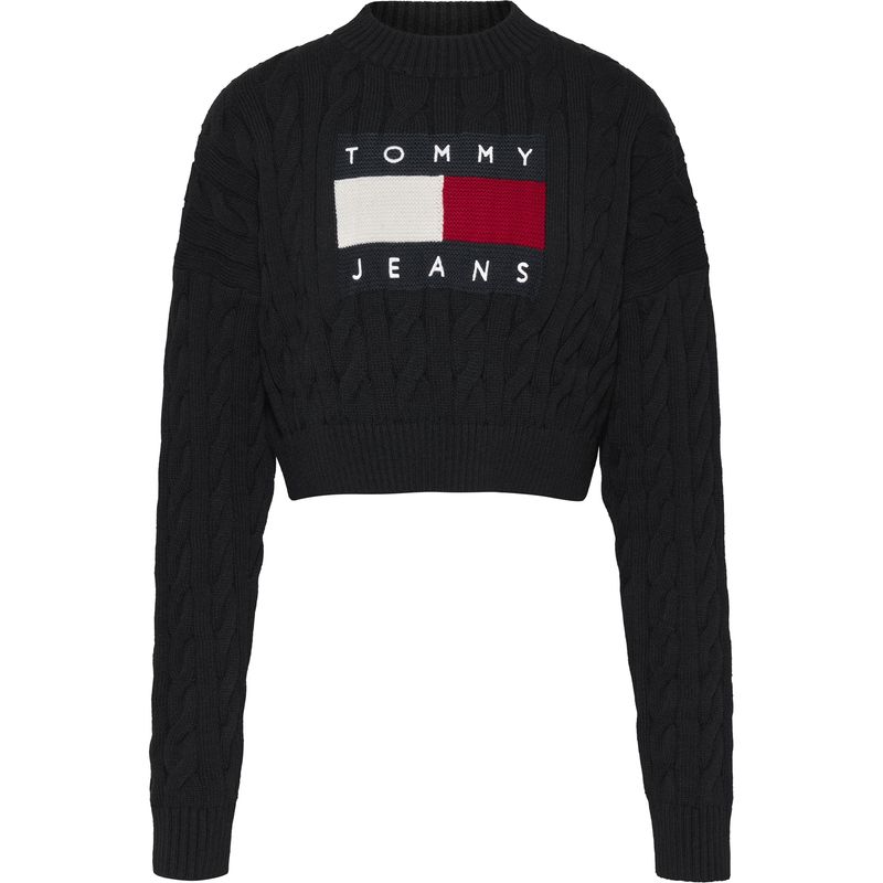 TOMMY HILFIGER - Sweater Cropped Trenzado Con Logo Negro Mujer