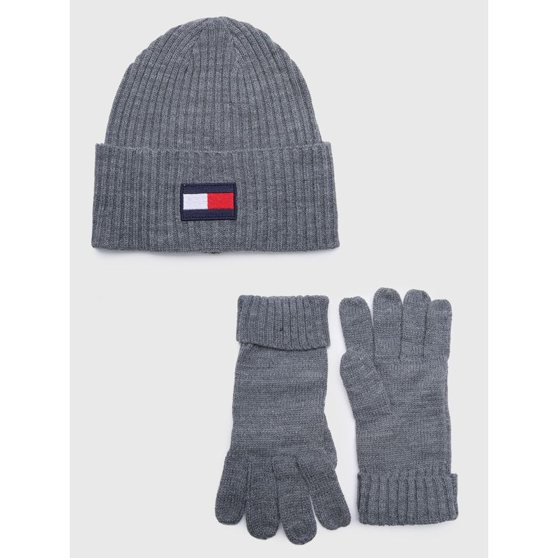 TOMMY HILFIGER - Pack Gorro Beanie Y Guantes Flag Patch Gris Tommy Hilfiger