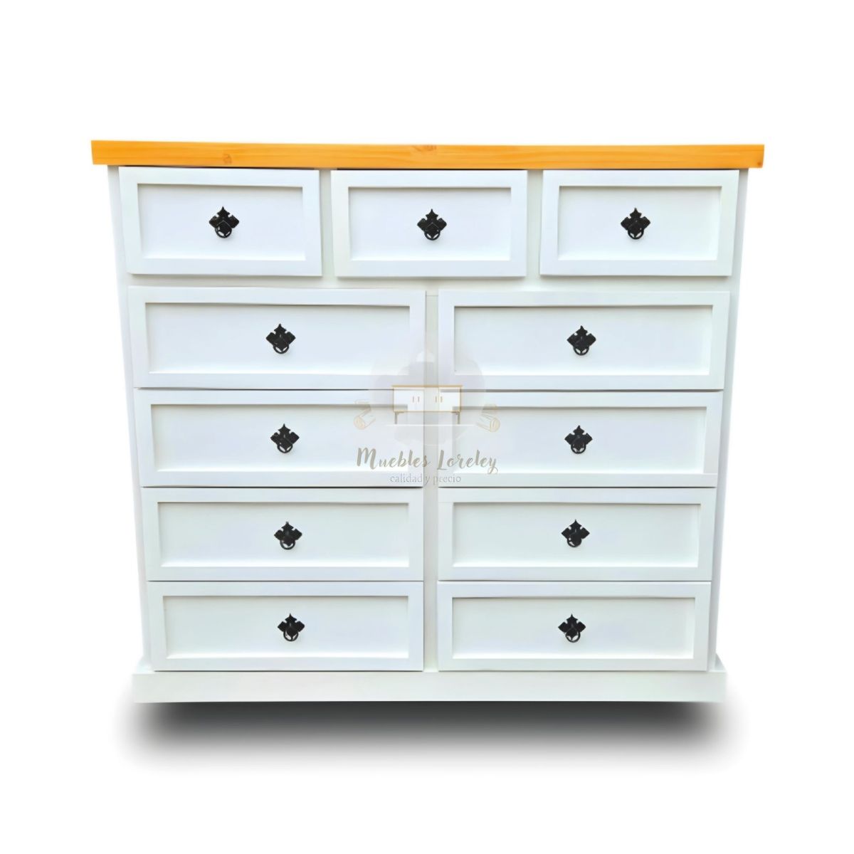 RUSTIC STYLE - COMODA MADERA DE 11 CAJONES BLANCA MIEL Y NEGRO