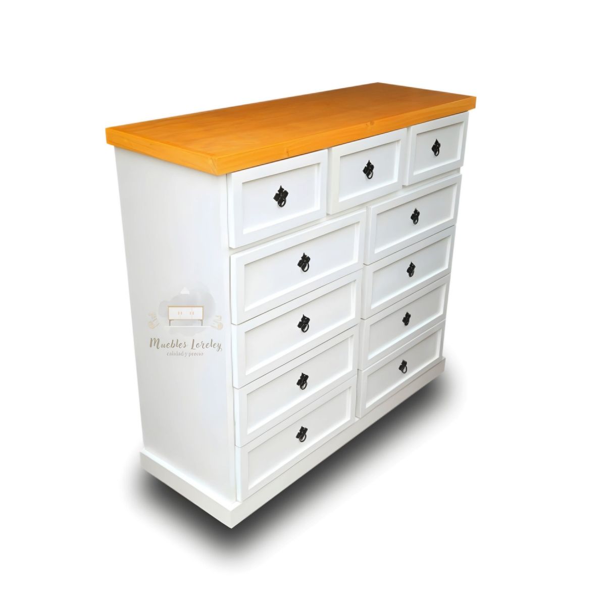RUSTIC STYLE - COMODA MADERA DE 11 CAJONES BLANCA MIEL Y NEGRO