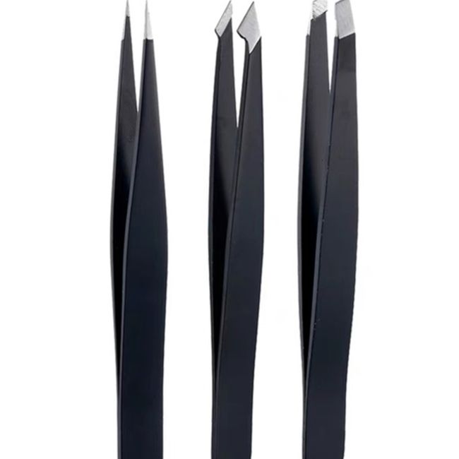GENERICO - Set 3 Pinzas Depilación Cejas Facial Punta Acero Inoxidable NEGRO