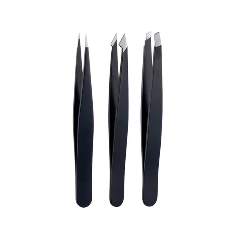 GENERICO - Set 3 Pinzas Depilación Cejas Facial Punta Acero Inoxidable NEGRO