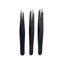 GENERICO - Set 3 Pinzas Depilación Cejas Facial Punta Acero Inoxidable NEGRO