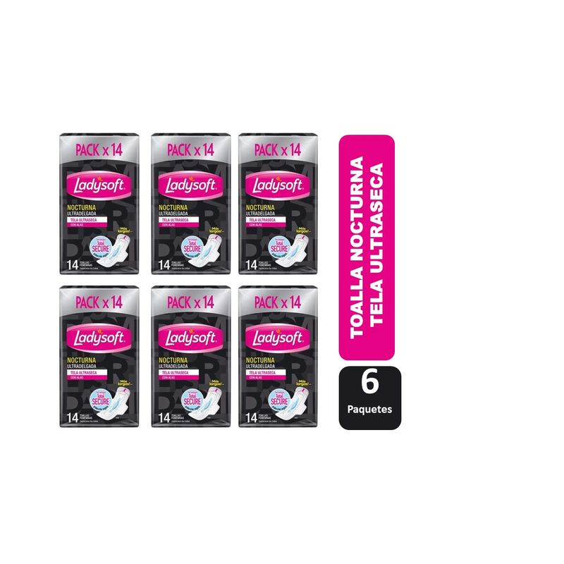 LADYSOFT - Pack 6 Paquetes Toallitas Higienicas Ladysoft Nocturna