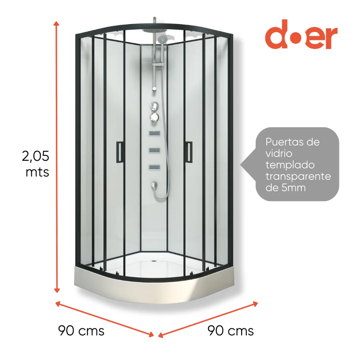 DOER - Cabina de ducha Oasis Large con hidromasaje 90x90x205cm diseño curvo marco negro