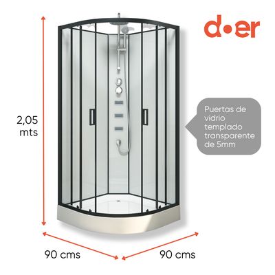 Imagen 2 del producto Cabina de ducha Oasis Large con hidromasaje 90x90x205cm diseño curvo marco negro