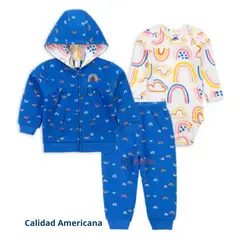 TEDMIMAK - Conjunto Bebe Niña 3 Piezas Poleron Pantalon Body Azul