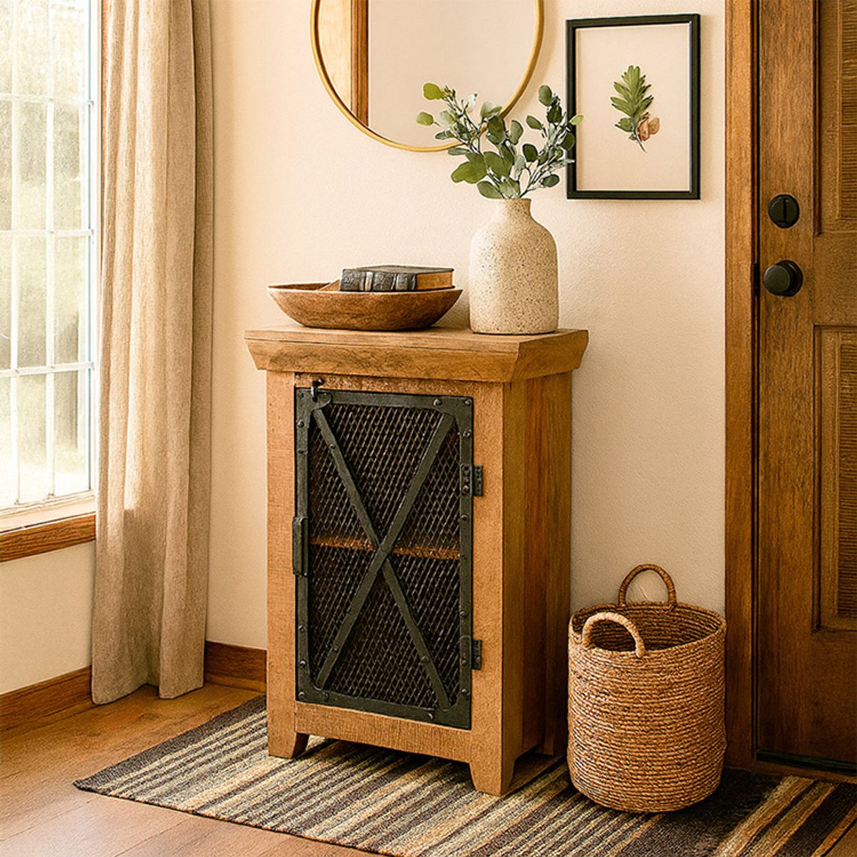 MEYA MUEBLES - Velador Mita alto estilo industrial madera y acero 90x55x35