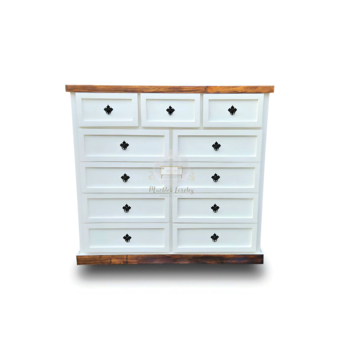 RUSTIC STYLE - COMODA DE MADERA 11 CAJONES BLANCA Y NOGAL.