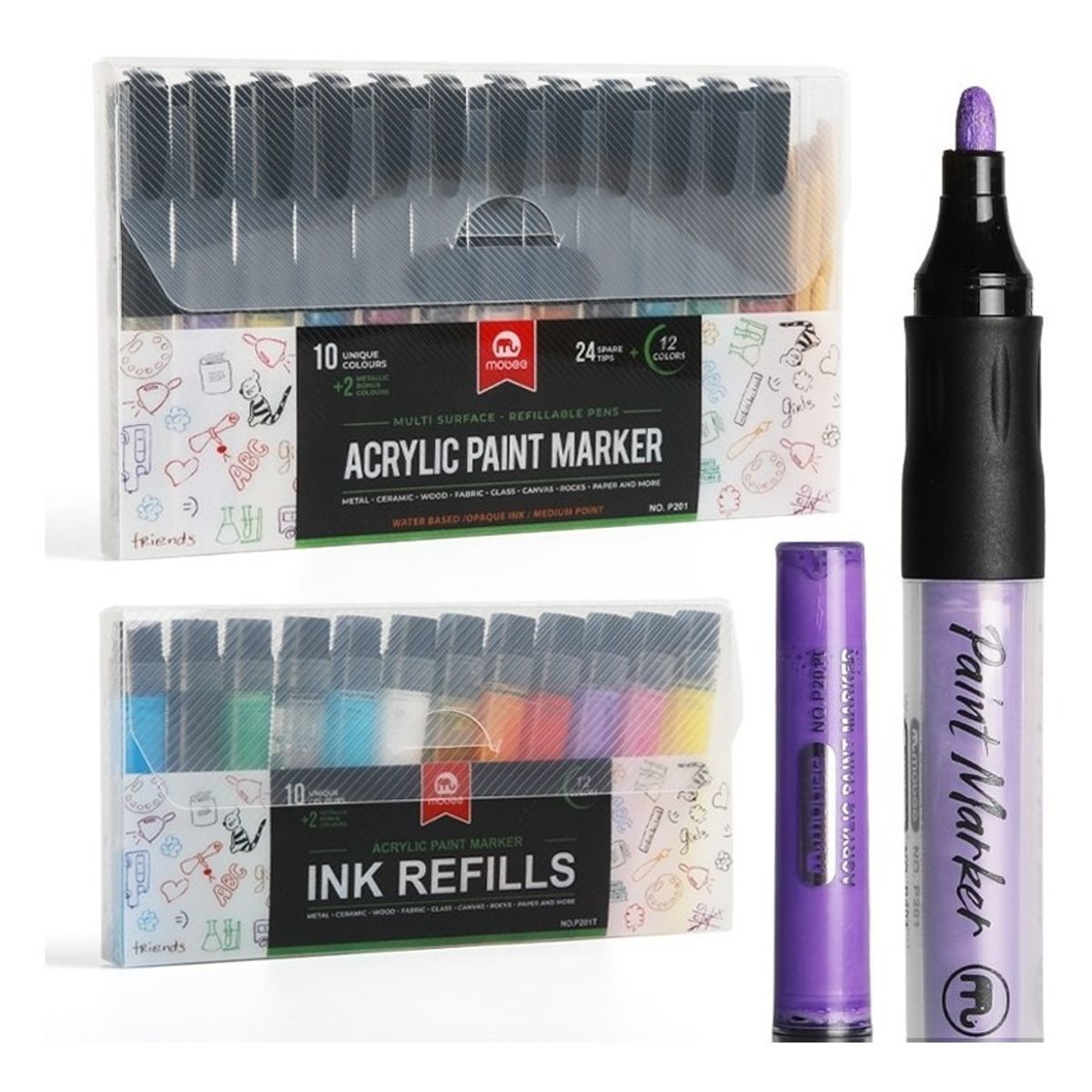 GENERICO - Set 12 Marcadores Acrílicos 12 Recargas 24 Puntas