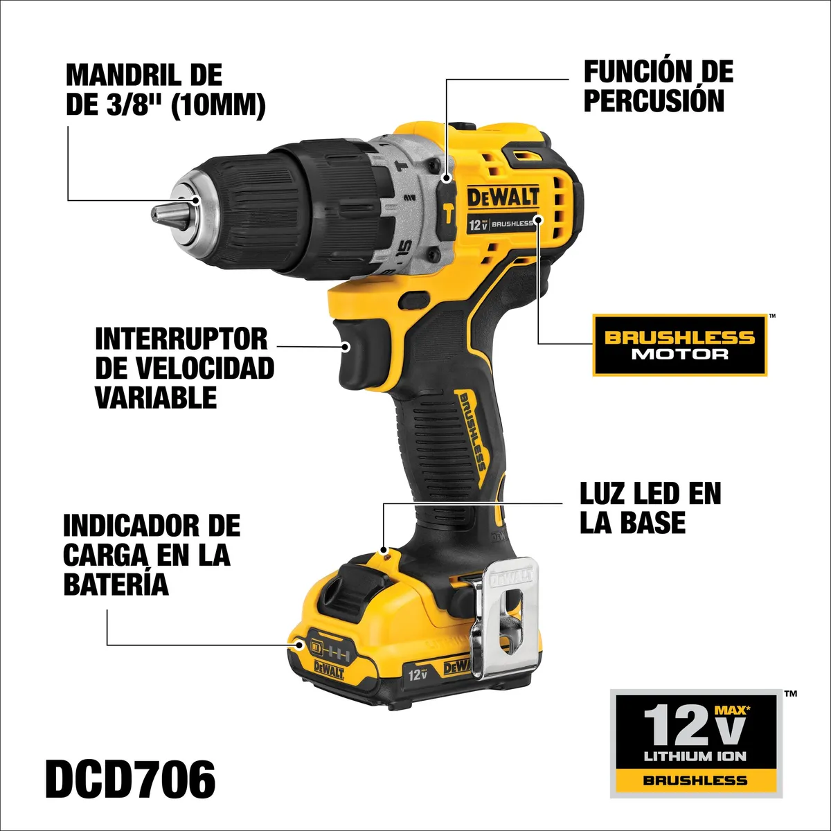 DEWALT - Kit Taladro Percutor 3/8" 12V + Accesorios DEWALT