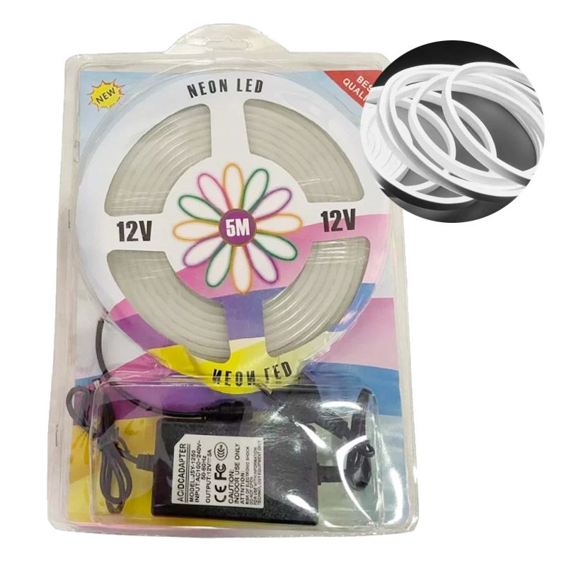 GENERICO - Cinta Neon Led 12v Flexible 5m Incluye Transformador 220v Blanco