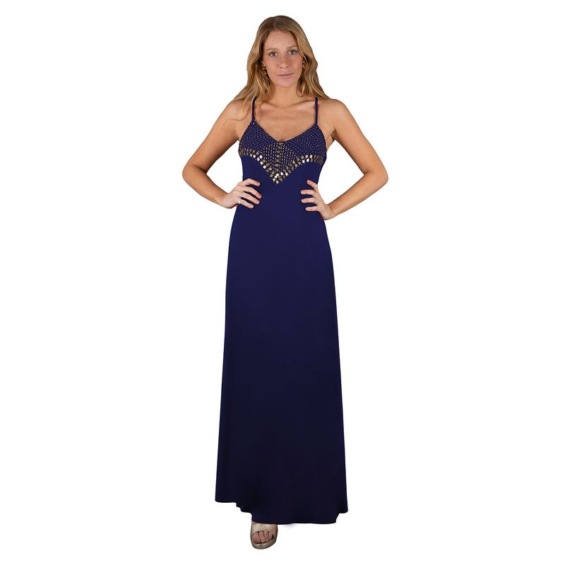 MARIA PASKARO - Vestido Largo Berlin Azul Marino Lycra Bordado R Maria Paskaro