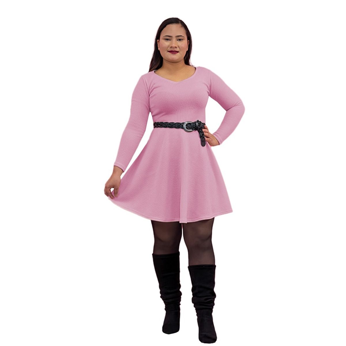 GENERICO - VESTIDO SEMI ACAMPANADO MANGA LARGA OTOÑO INVIERNO  NO INCLUYE CINTURON MODELO I035