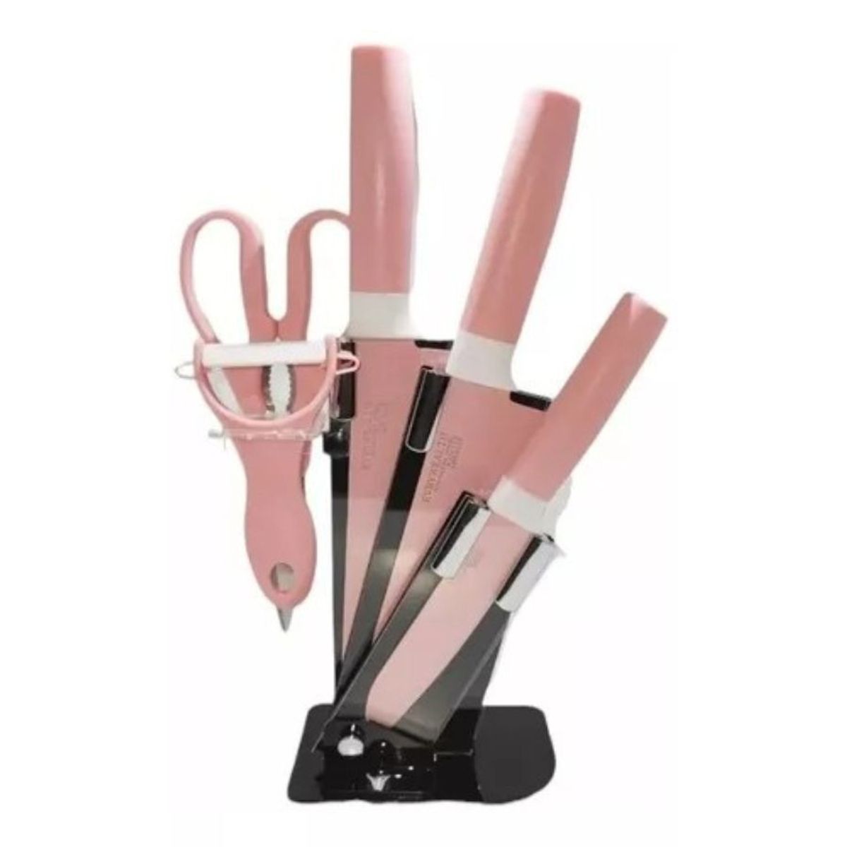 GENERICO - Set de Cuchillos de Cocina 6 Piezas Pedestal Pelador Rosado