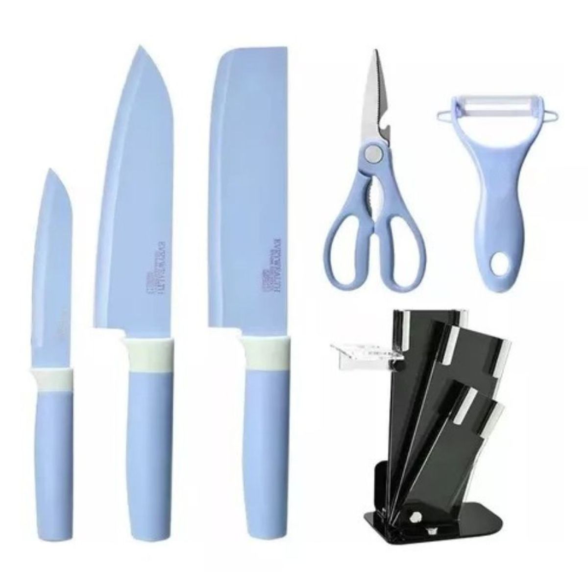 GENERICO - Set de Cuchillos de Cocina 6 Piezas Pedestal Pelador Celeste