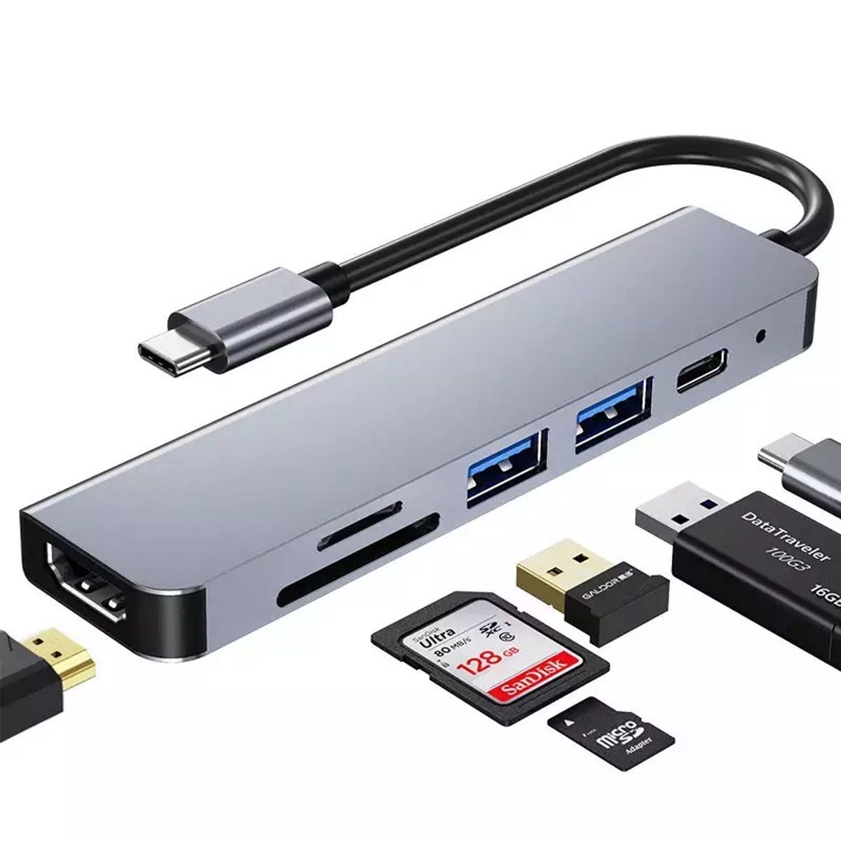 ACTUAL - HUB Adaptador USB-C  6 EN 1 Con HDMI 4k SD y PD