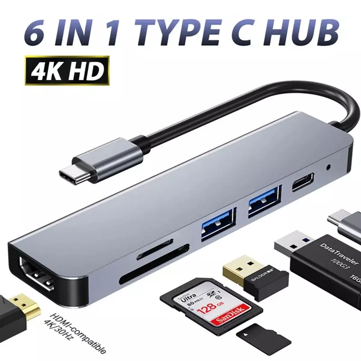 ACTUAL - HUB Adaptador USB-C  6 EN 1 Con HDMI 4k SD y PD