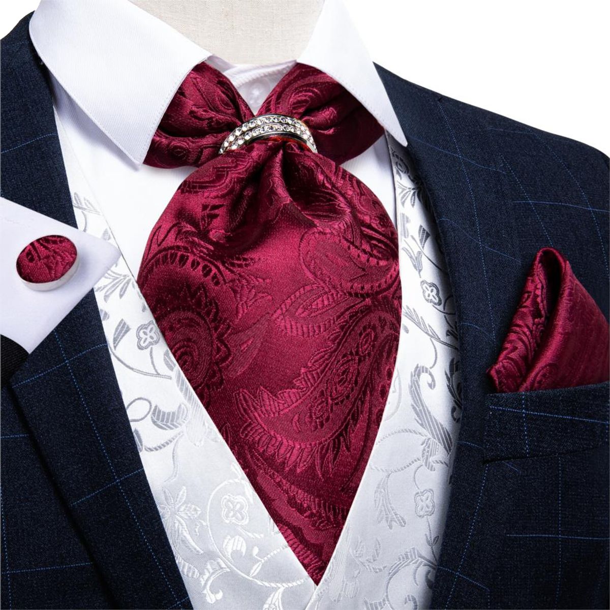 SONEC - Corbata Ascot Seda con Anillo Set Formal para Regalo Hombre