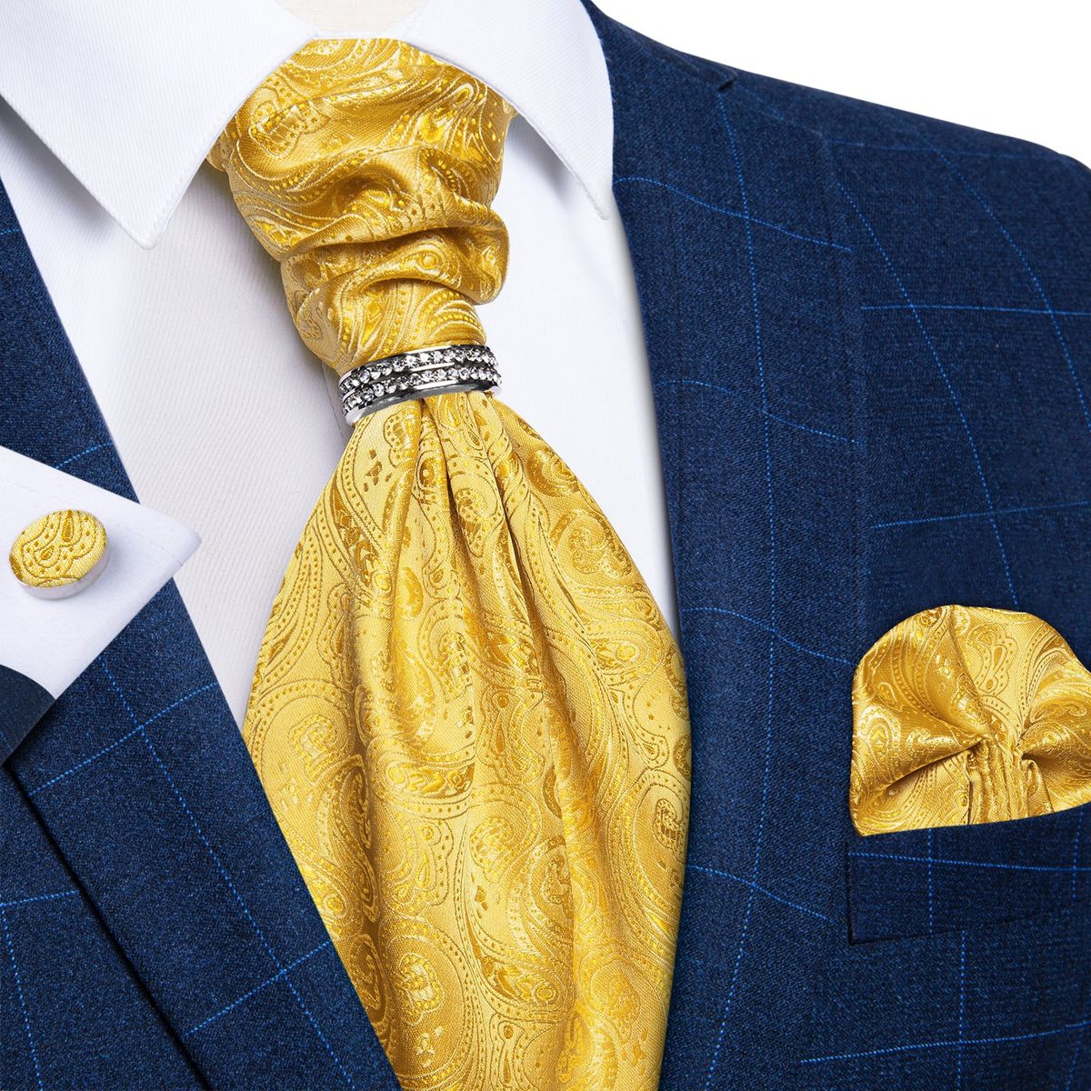 SONEC - Corbata Ascot Seda con Anillo Set Formal para Regalo Hombre