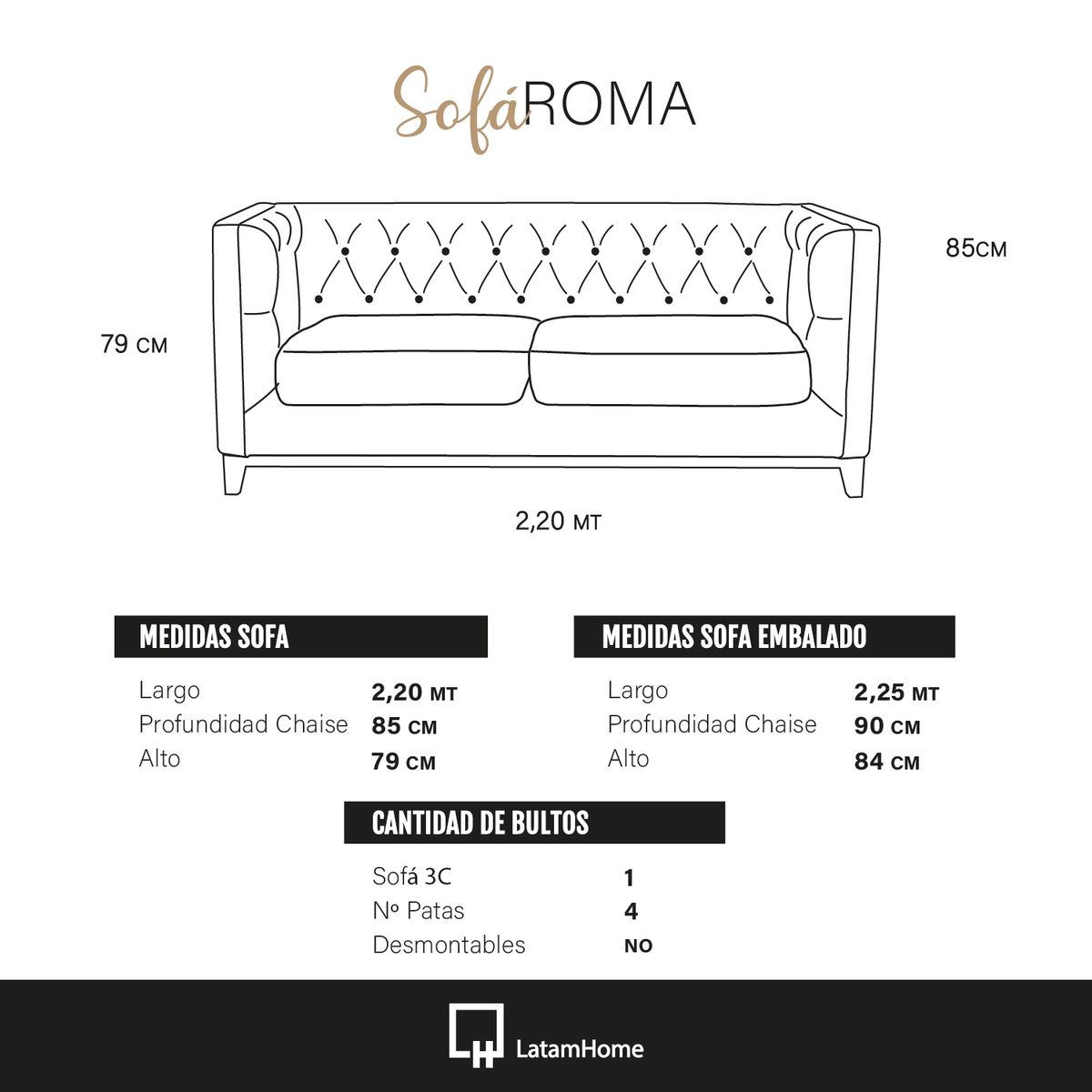 LATAM HOME - Sofá Roma 3 Cuerpos Capitoné Lino Blanco