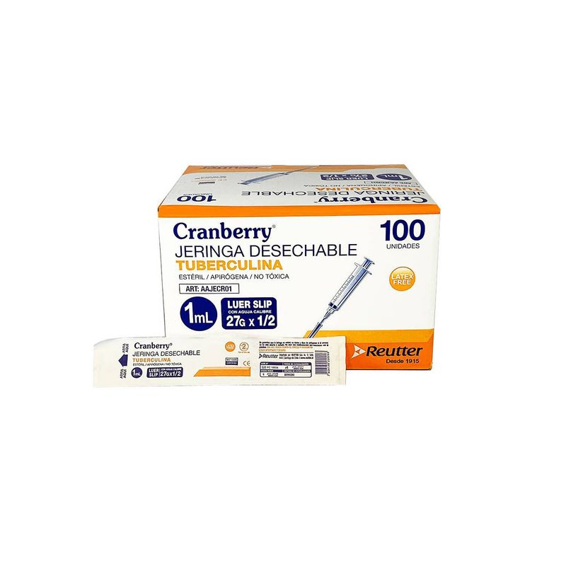 REUTTER - Jeringa 1ml Tuberculina Luer Slip 27G x 12 x100un Cranberry