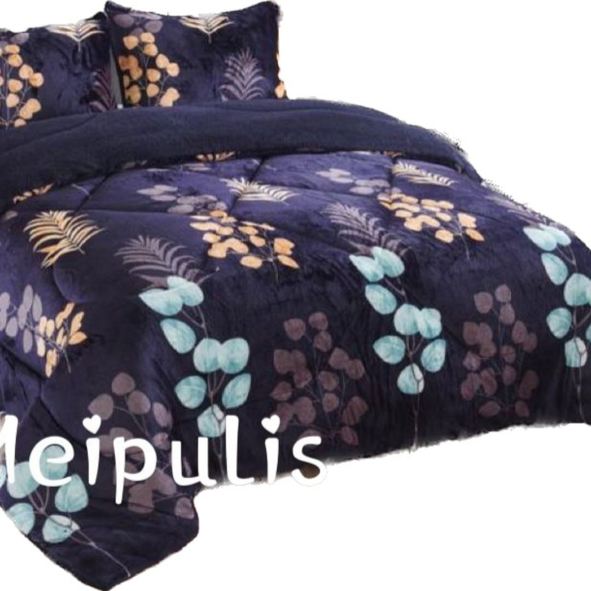 GENERICO - Cubrecama de Invierno Plush con Chiporro 2 P Azul con Hojas