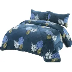 GENERICO - Cubrecama de Invierno Plush con Chiporro 2 P Azul con Hojas