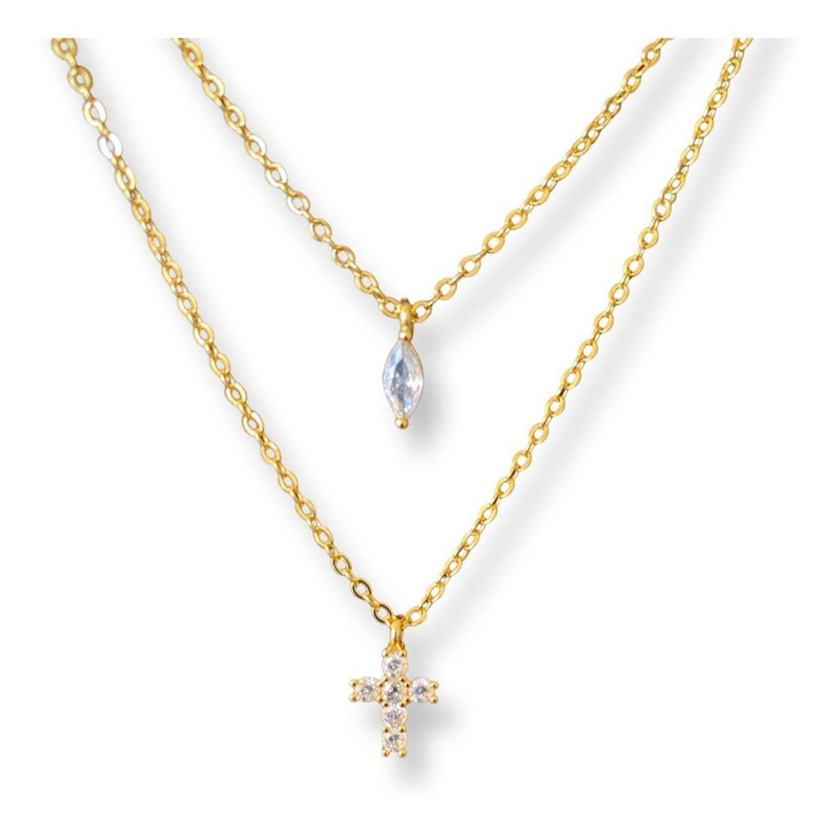 GENERICO - Collar Dama Doble  Circon Cruz Plata S925 Baño Oro Mas Caja…