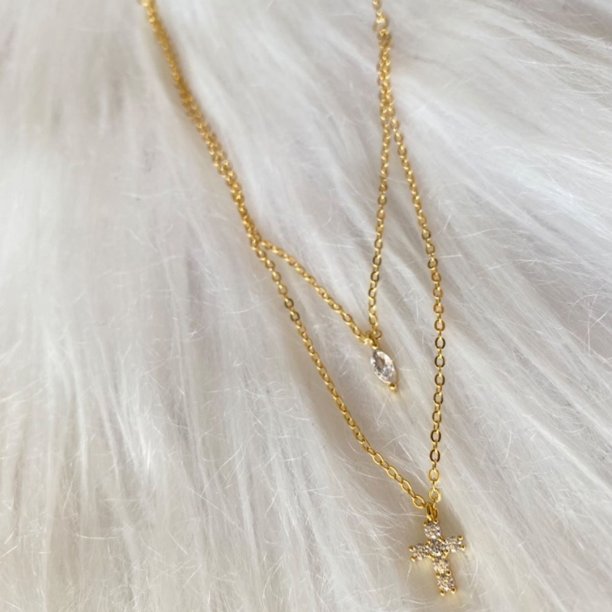 GENERICO - Collar Dama Doble  Circon Cruz Plata S925 Baño Oro Mas Caja…