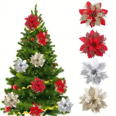 GENERICO - Set 5 Adorno Flores De Navidad Grandes 5 Unidades Blanco Con Plata