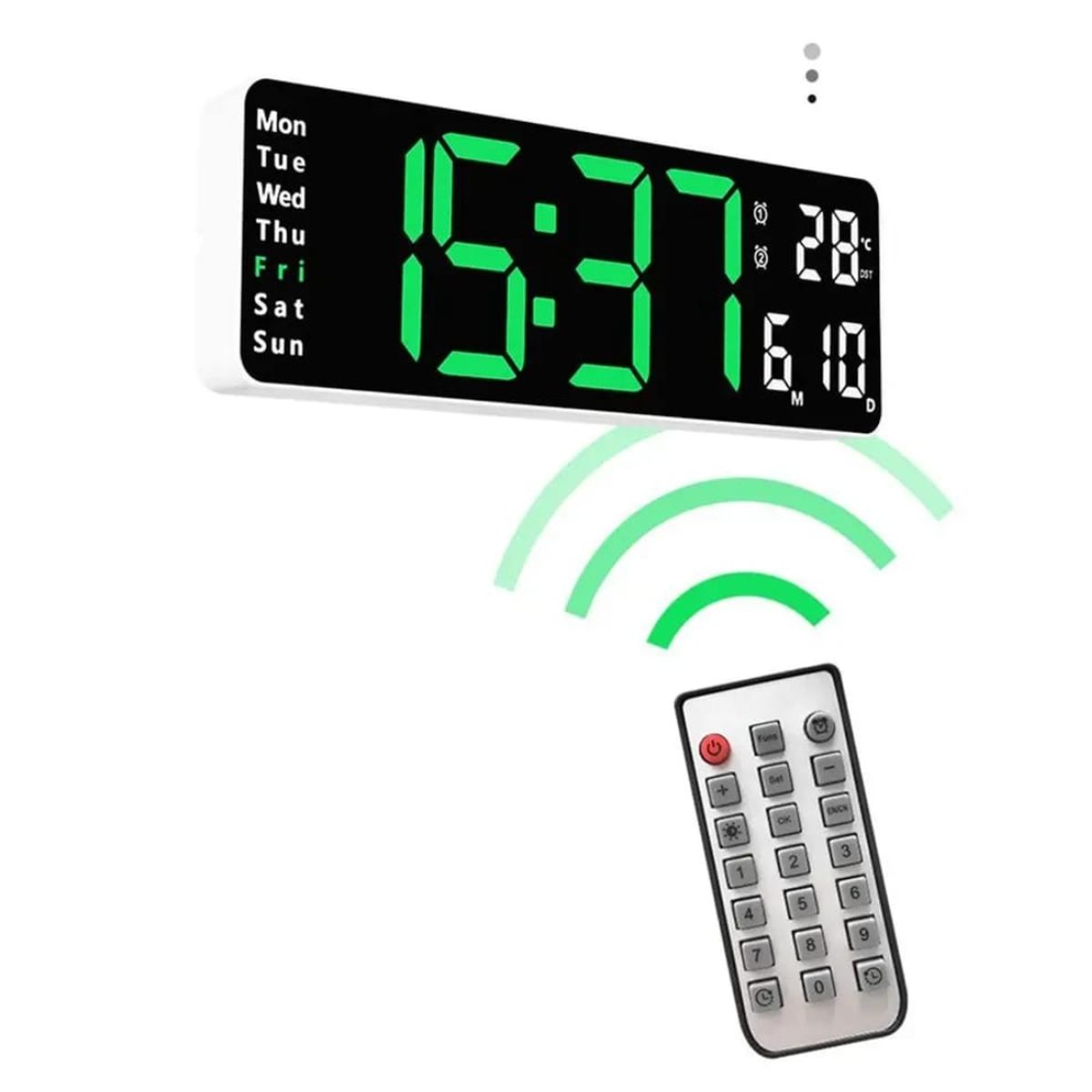 OEM - RELOJ DIGITAL DE PARED CON CALENDARIO Y CONTROL REMOTO VERDE 6629