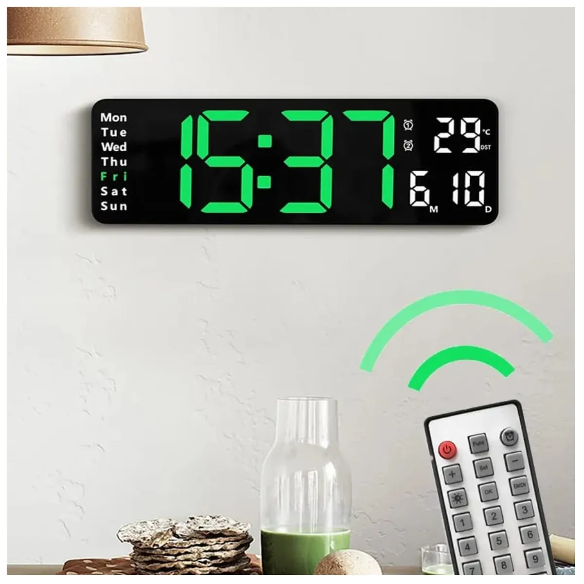 OEM - RELOJ DIGITAL DE PARED CON CALENDARIO Y CONTROL REMOTO VERDE 6629