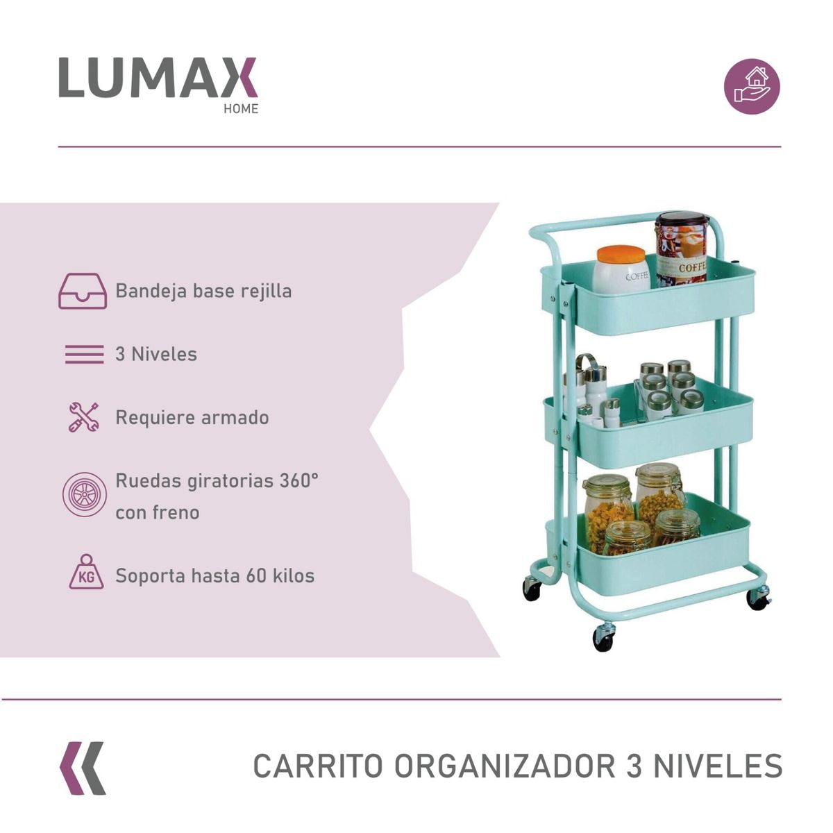 LUMAX - Carrito Organizador 3 Niveles Lumax con Ruedas Verde