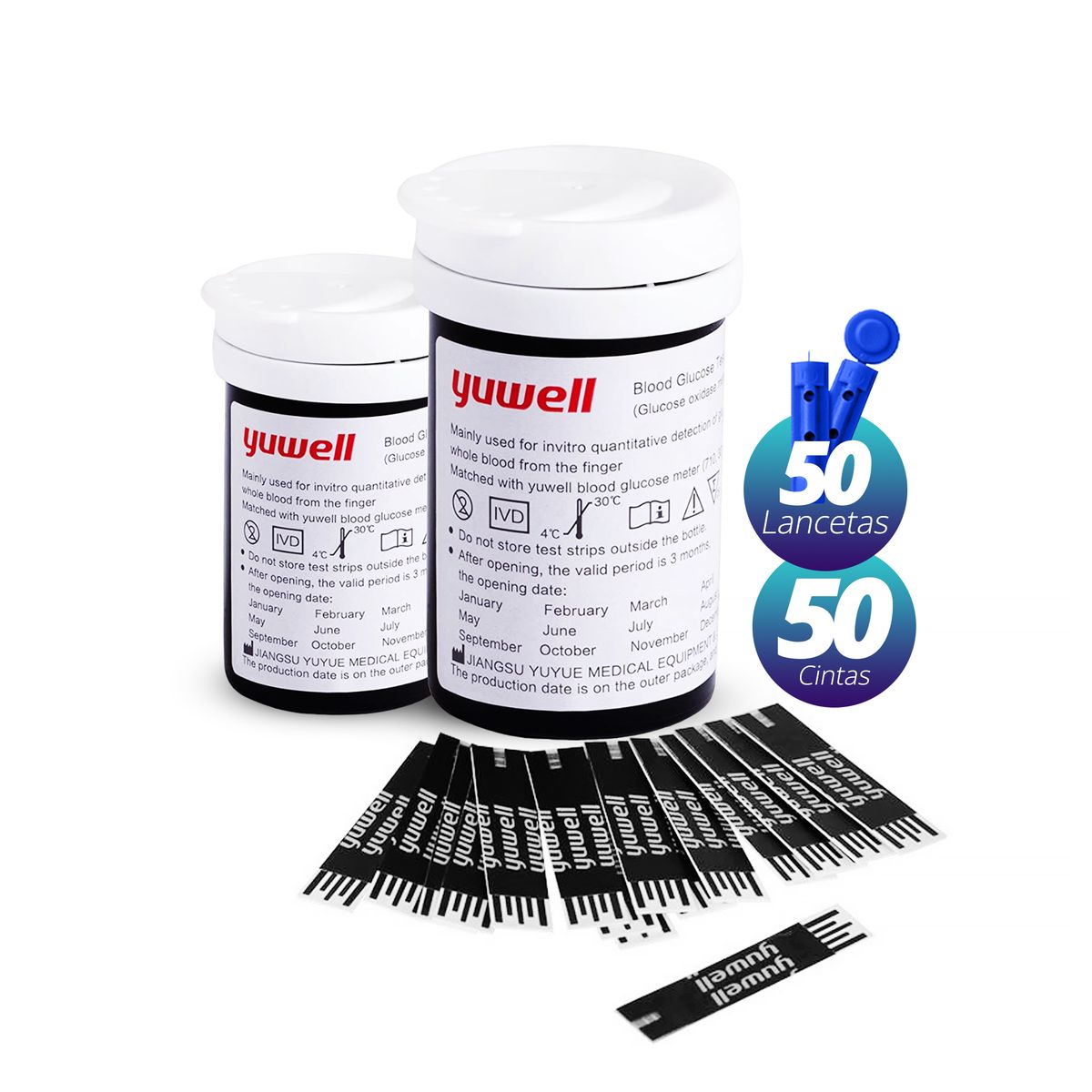 TOPMEDIC - 50 Cintas Tiras Reactivas 50 Lancetas para Glucómetro Yuwell 582