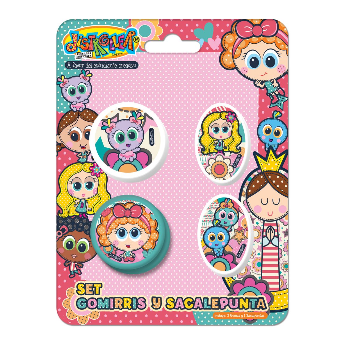 DISTROLLER JUGUETES - Set Gomas De Borrar 3 Diseños + Sacapuntas Distroller