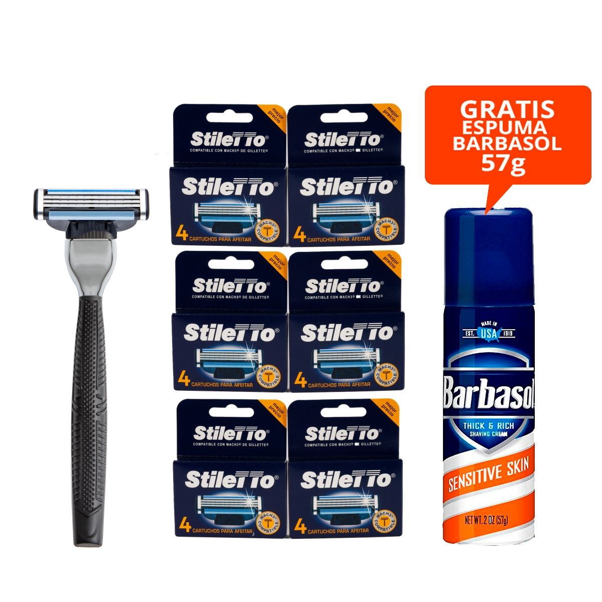 STILETTO - STILETTO® KIT DE AFEITADO DE 3 HOJAS COMPATIBLE CON MACH3® - 6 MESES