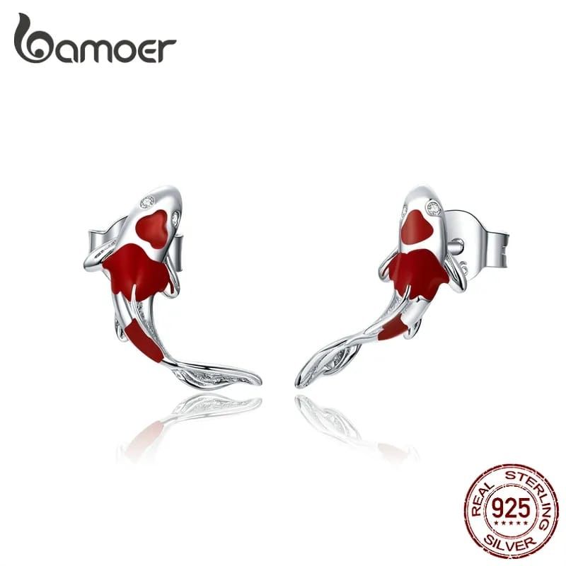 GENERICO - Aros de plata 925 con forma de pez aretes de esmalte rojo
