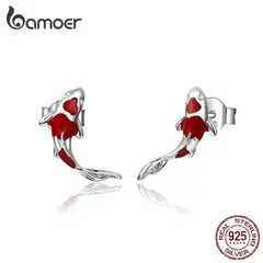 GENERICO - Aros de plata 925 con forma de pez aretes de esmalte rojo