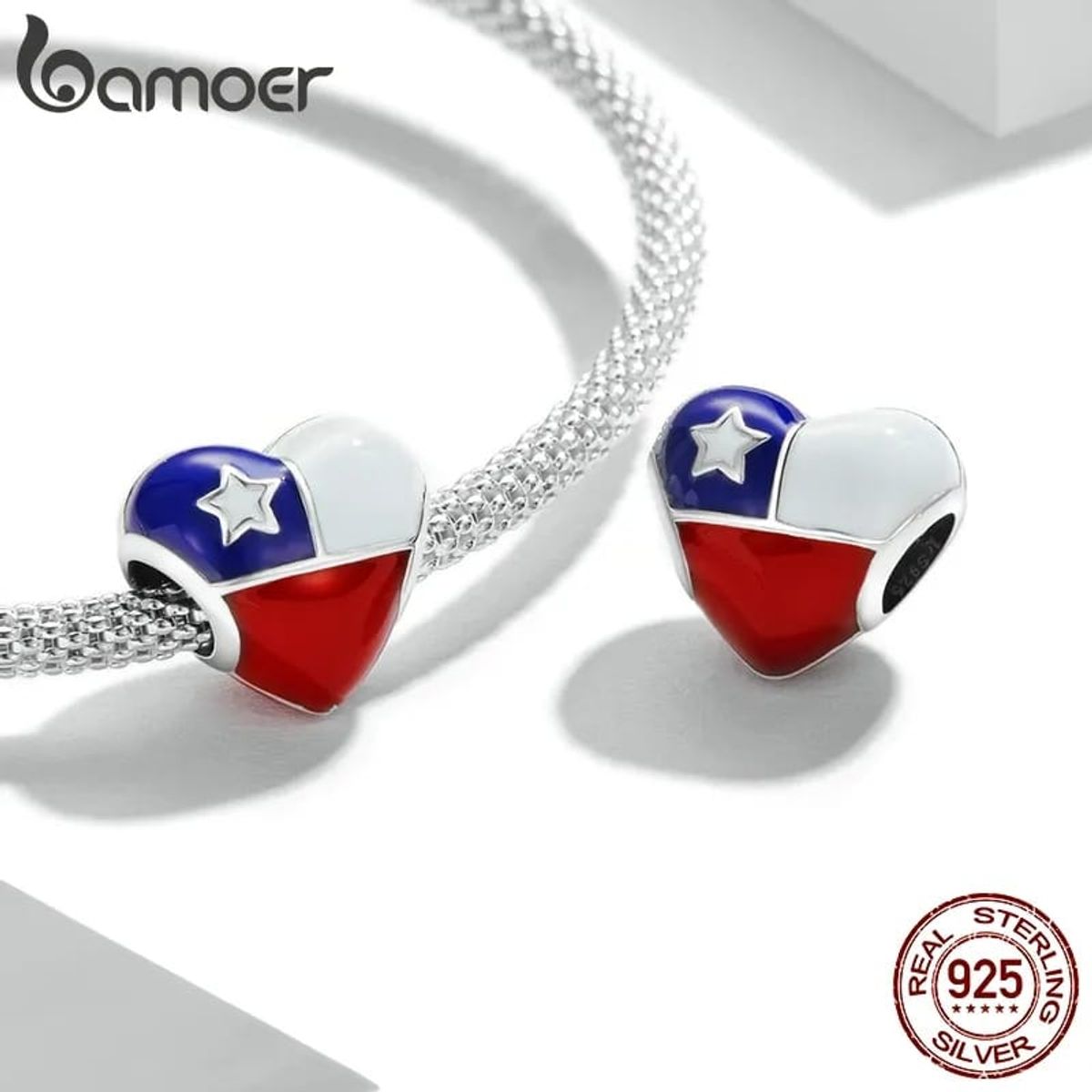GENERICO - Charm plata 925 para pulsera con corazón bandera de Chile
