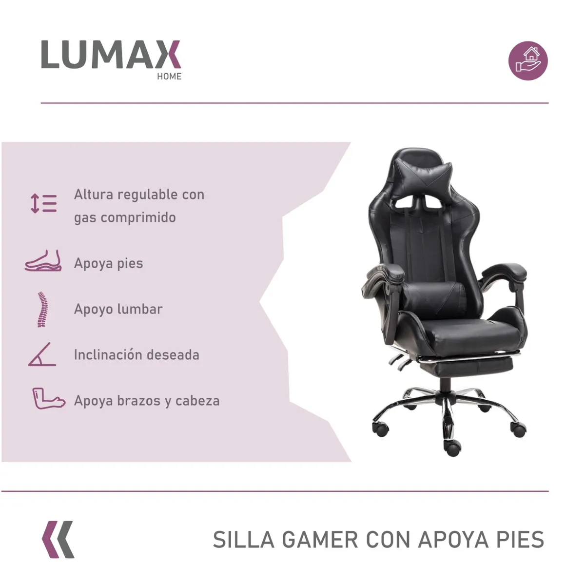LUMAX - Silla Gamer Lumax Rom Con Apoyapies Negra.