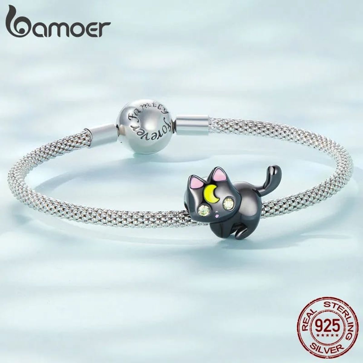 NO LOGO - Charm abalorio plata 925 para pulsera con forma de luna y gato.