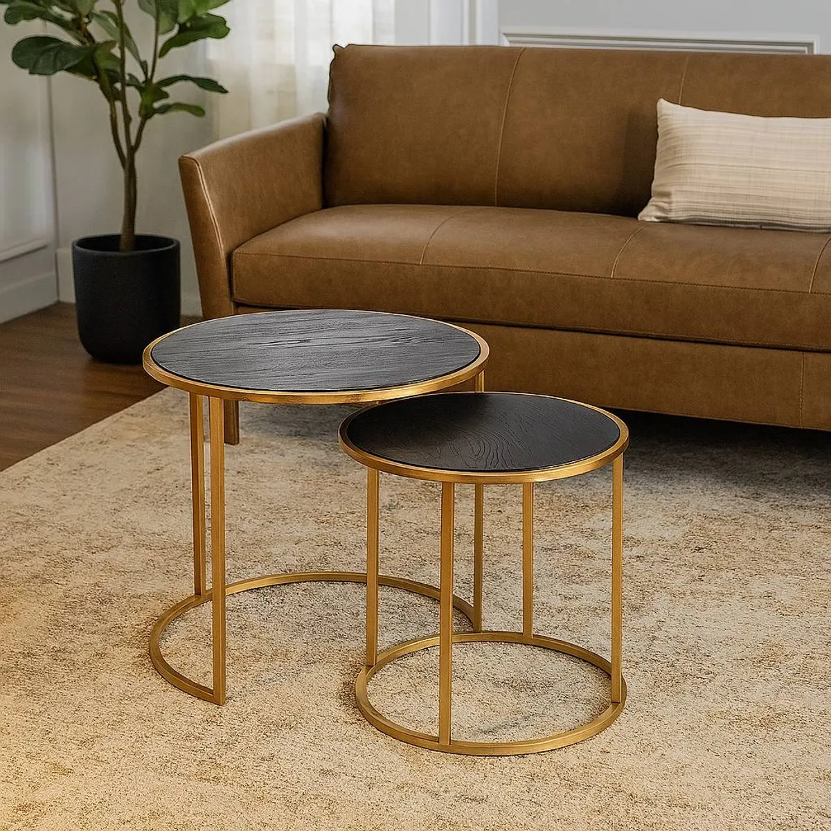 MEYA MUEBLES - Set Mesas Laterales Kain redondas de madera olmo y acero 60x60x60