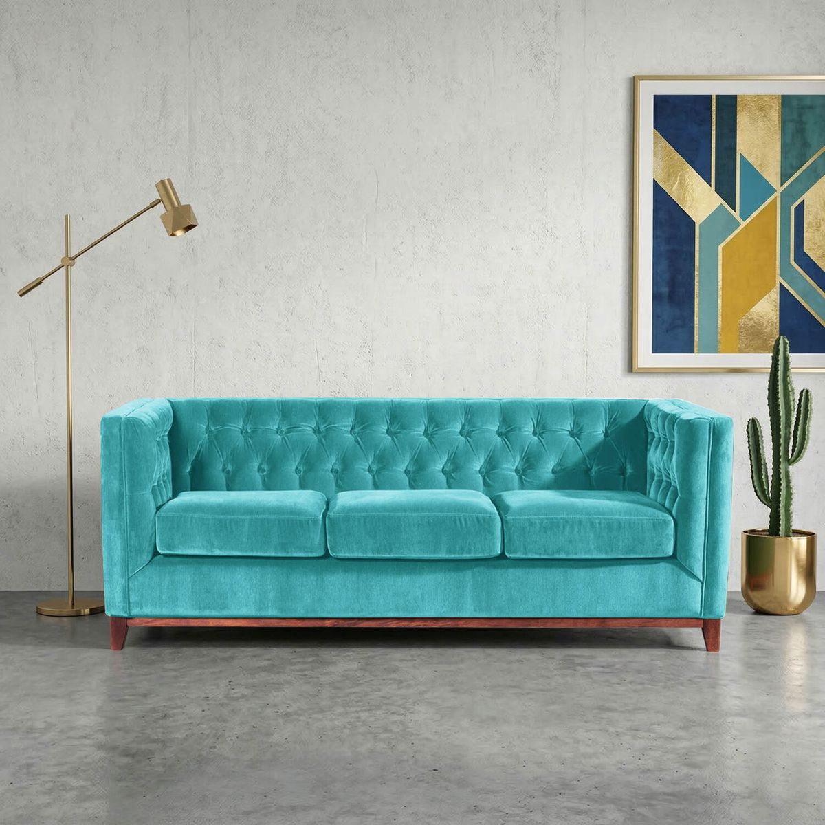 LATAM HOME - Sofa Roma 3 Cuerpos Capitoné Tela Velvet Turquesa