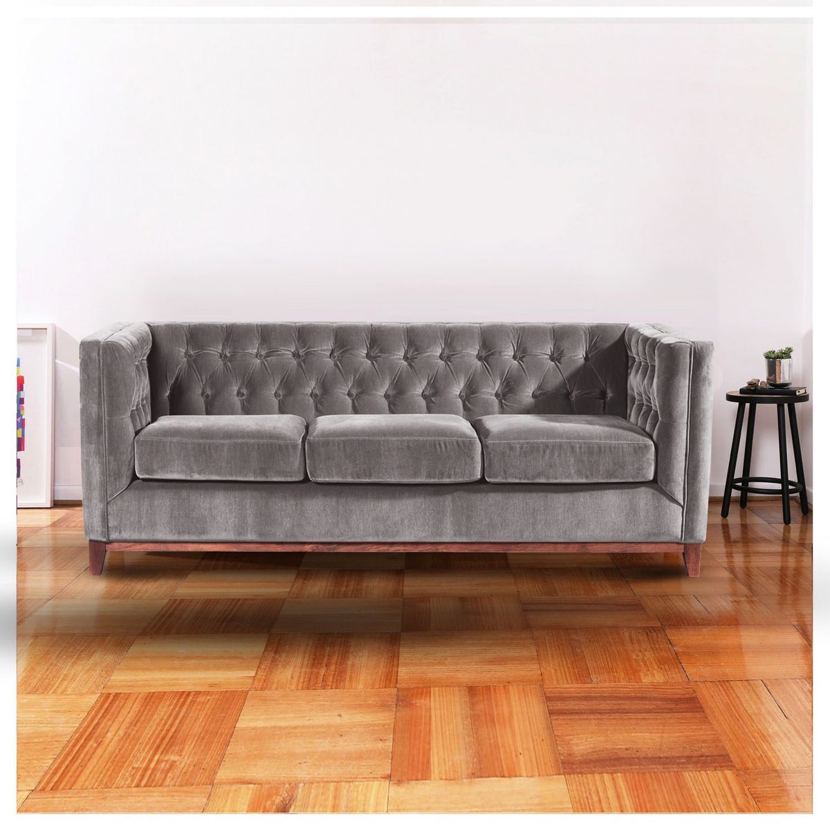 LATAM HOME - Sofa Roma 3 Cuerpos Capitoné Tela Velvet Gris