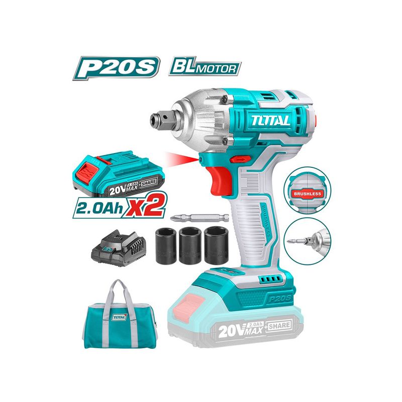 TOTAL TOOLS - Taladro Atornillador y Llave de Impacto + 2 Bat + Carg TOTAL